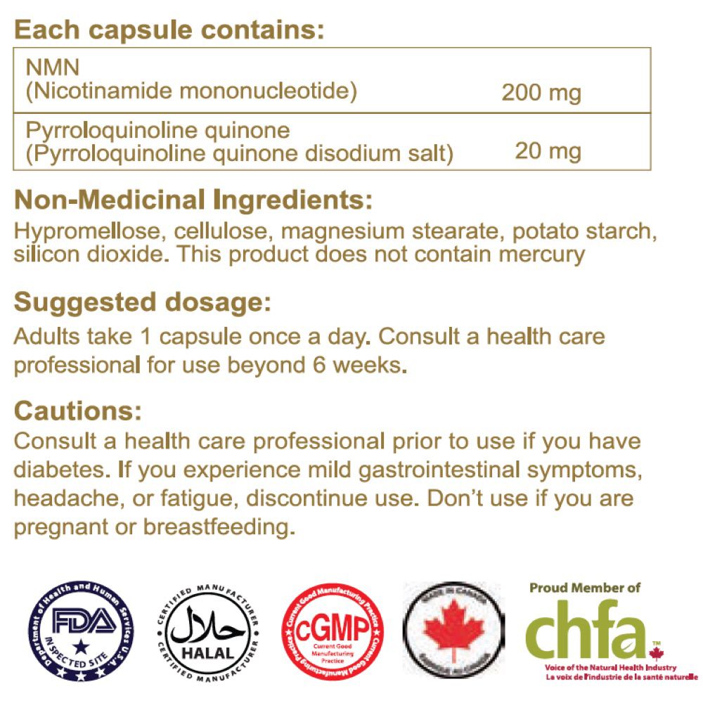 Back of label for Ensonkan NMN supplement capsules.