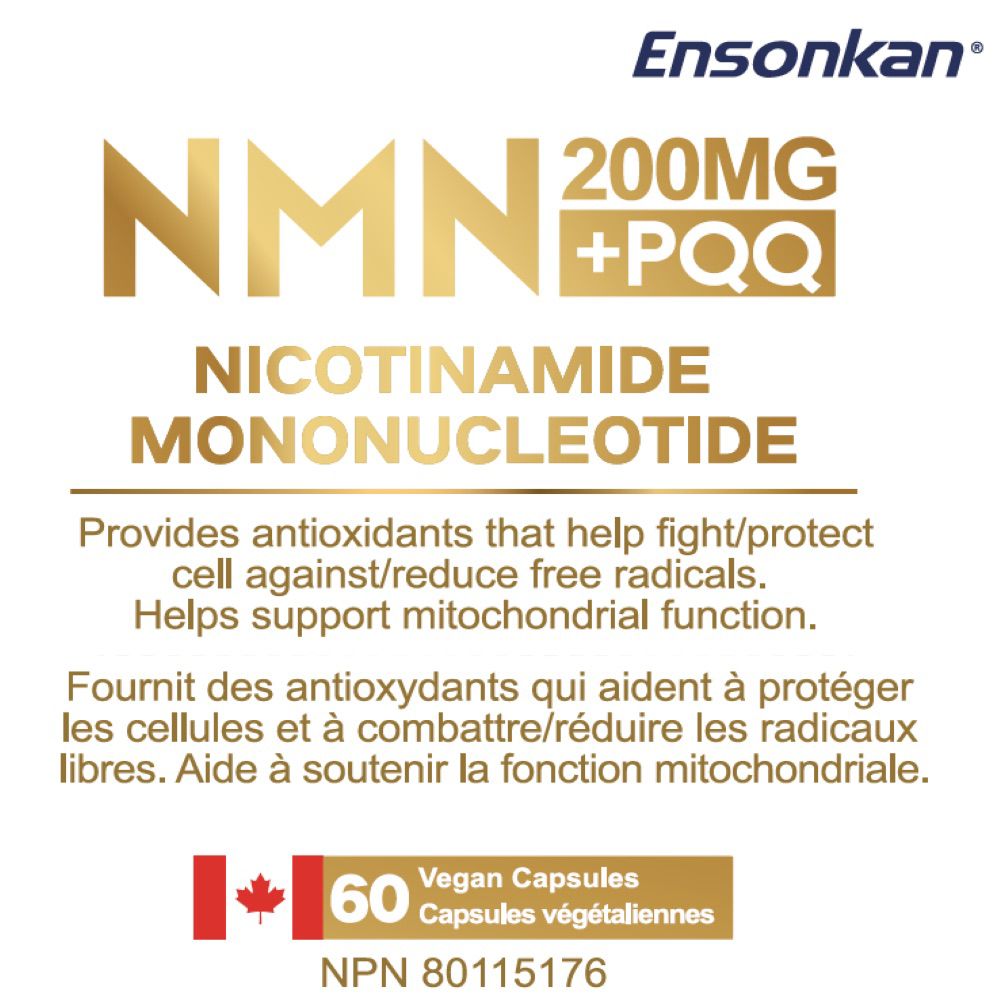Front of label for Ensonkan NMN supplement capsules containing 60 vegan capsules.
